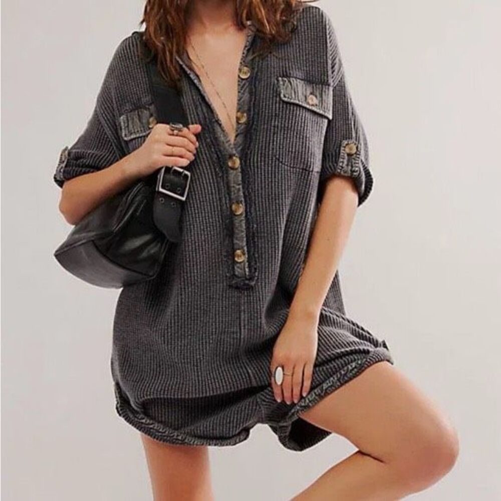 Free People Charcoal Gray waffle knit romper